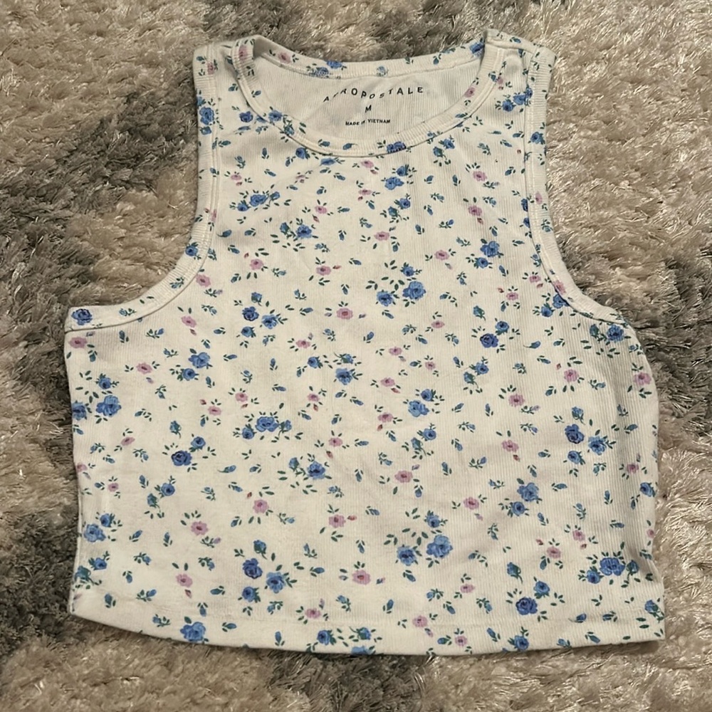 Aeropostale White Floral High Neck Cropped Tank Top